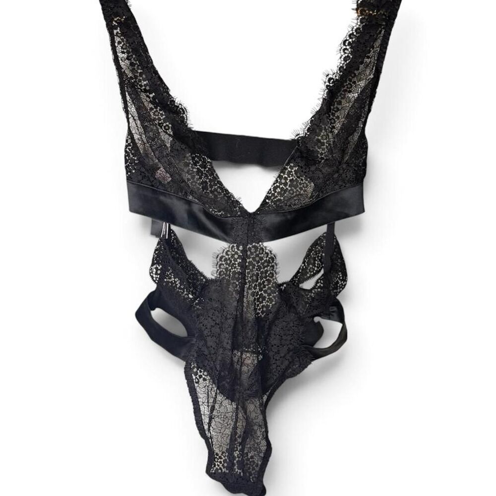 Victoria's Secret black lace bodysuit with cutouts and satin trim size M